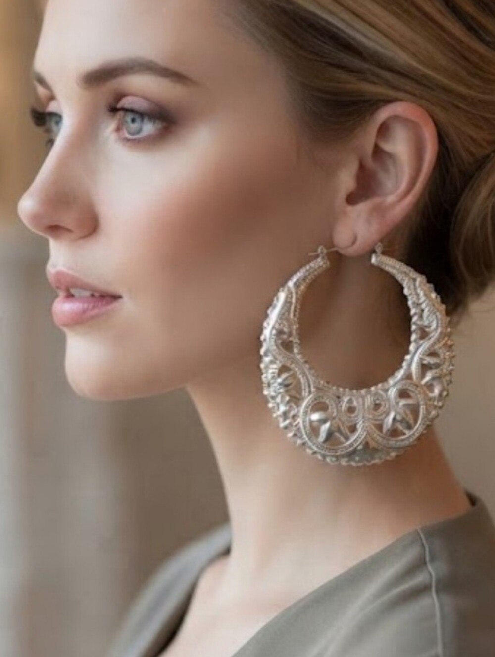 Silver Filigree Hoop Earrings - Elegant Women Jewelry 7cm